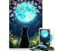 Rompecabezas para Adolescentes 1000 Piezas de un Gato Negro Mirando a la Luna Diseño de Corte preciso Divertido,Creativo,para ejercitar la Mente,Relajarse y divertirse (38x52cm)