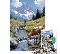 Rompecabezas para Adolescentes 1000 Piezas de una Vaca Bebiendo Agua en un Paisaje de montaña Rompecabezas antiestrés para Adolescentes Ayuda a desarrollar el Pensamiento analítico y lógico