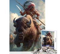 Rompecabezas para Adolescentes 1000 Piezas diseño de nativos Americanos sobre búfalo Juguete Decorativo para Pared Regalo Divertido Juego Educativo con póster a Juego y Hoja de Trivia tamaño 38x52cm