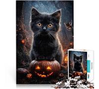 Rompecabezas para Adolescentes 1000 Piezas Gato Negro en una Linterna de Jack-o'-Lantern Difícil Difícil Apto para Parejas 38x26cm