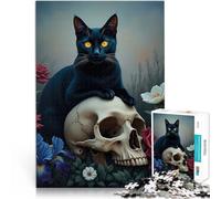 Rompecabezas para Adolescentes 1000 Piezas Gato Negro sobre una Calavera en un Campo de Flores Aprendizaje Educativo Regalo Divertido 38x52cm