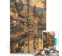 Rompecabezas para Adolescentes 1000 Piezas Pueblo japonés Junto al río en otoño Juguetes para armar, decoración para el hogar, Toda la Familia 38x26cm