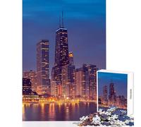 Rompecabezas para Adolescentes 1000 Piezas Rascacielos de Chicago Noche Juguete decoración de Pared Obra de Arte Regalo Juego Familiar interacción Entre Padres e Hijos tamaño 50x75cm
