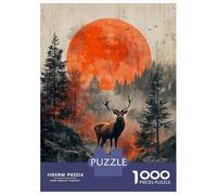 Rompecabezas para Adolescentes 1000 Piezas Stag in Forest with Red Moon Rompecabezas para Adultos Juegos Relajantes Regalo De Cumpleaños para Cumpleaños, Navidad 38x26cm/1000pcs