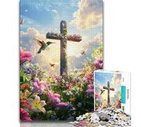 Rompecabezas para Adolescentes 1000 Piezas una Hermosa Cruz con Flores para Adultos Juguetes de Entretenimiento Familiar con póster a Juego y Hoja de Trivia de 26x38cm