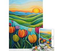 Rompecabezas para Adolescentes 1000 Tulipanes al Atardecer Paisaje Juegos Divertidos antiestrés Juguetes de decoración para el hogar Cada Pieza es única (38x52cm)