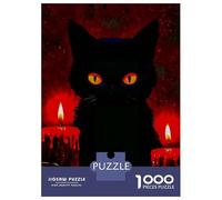 Rompecabezas para Adolescentes 1000 Witch Black Cat and Red Candles Rompecabezas para Adultos Juguete Decoración De Pared Alivia El Estrés Ayuda A Ejercitar El Cerebro 38x26cm/1000pcs