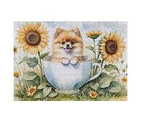 Rompecabezas Para Adolescentes 1000pcs(38x26cm) Cute Pomeranian in Cup with Sunflowers Rompecabezas Para Adultos Juego Práctico Decoración Del Hogar Diversión En El Hogar Actividades, 1000pcs(38x26cm)