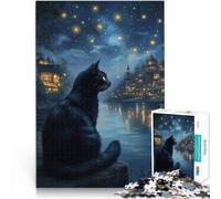 Rompecabezas para Adolescentes 2000 Piezas Paisaje Urbano Nocturno con Gato Negro - Gato en la Noche Estrellada Juguetes de Juego Una Obra de Arte 70x100cm