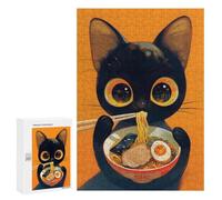 Rompecabezas para Adolescentes 300 PCS Black Cat Eating Ramen Illustration Rompecabezas para Adultos Juguetes Antiestrés Arte De Pared Interacción Entre Padres E Hijos 300 PCS
