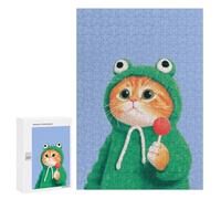 Rompecabezas para Adolescentes 300 PCS Cat in Frog Hoodie with Lollipop Rompecabezas para Adultos Juego Práctico Carrera De Velocidad Manual Desafío Educativo 300 PCS