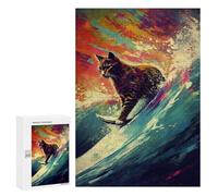 Rompecabezas para Adolescentes 300 PCS Cat Surfing Rompecabezas para Adultos Juego De Ingenio Decoración del Hogar Regalos para Reducir El Estrés 300 PCS