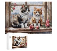 Rompecabezas para Adolescentes 300 PCS Cats on Windowsill with Roses Rompecabezas para Adultos Juguetes De Bricolaje Desafío Difícil Cumpleaños 300 PCS