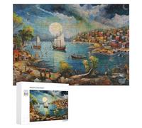 Rompecabezas para Adolescentes 300 PCS Coastal Village Sunset Scene Rompecabezas Juguetes Antiestrés Decoración Diversión En Casa Actividades, 300 PCS