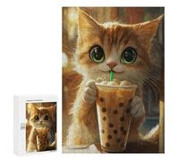 Rompecabezas para Adolescentes 300 PCS Cute Cat with Boba Tea Rompecabezas para Adultos Juegos Relajantes Decoración Perfecta Regalos De Cumpleaños Y Únicos 300 PCS