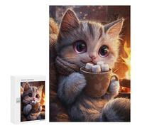 Rompecabezas para Adolescentes 300 PCS Cute Cat with Hot Chocolate Rompecabezas para Adultos Juegos Relajantes Desafío Difícil Desafío Educativo 300 PCS