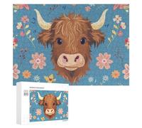 Rompecabezas para Adolescentes 300 PCS Cute Highland Cow Floral Background Rompecabezas para Adultos Juguetes De Bricolaje Desafío Difícil Cumpleaños 300 PCS