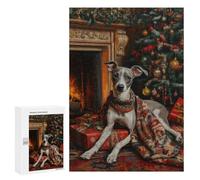 Rompecabezas para Adolescentes 300 PCS Dog Christmas Portrait by Fireplace Greyhound in Sweater Rompecabezas para Adultos Juego Familiar Decoración Desafiante De Completar 300 PCS