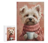 Rompecabezas para Adolescentes 300 PCS Dog in Pink Sweater with Coffee Rompecabezas para Adolescentes Juegos Relajantes Regalos para Mujeres Actividades Divertidas En Casa 300 PCS