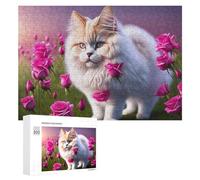 Rompecabezas para Adolescentes 300 PCS Fluffy Cat with Pink Roses Rompecabezas para Adultos Juegos Familiares Análisis Y Lógica Actividades Divertidas En Casa 300 PCS