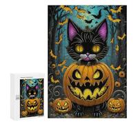 Rompecabezas para Adolescentes 300 PCS Halloween Black Cat with Pumpkins Rompecabezas para Adultos Juego Práctico Que Mejora La Memoria Actividades Divertidas En Casa 300 PCS