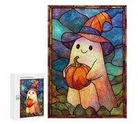 Rompecabezas para Adolescentes 300 PCS Halloween Ghost with Pumpkin Stained Glass Rompecabezas para Adultos Juego Familiar Decoración Desafiante De Completar 300 PCS