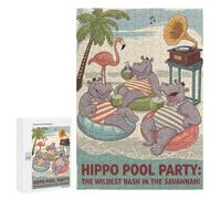 Rompecabezas para Adolescentes 300 PCS Hippo Pool Party in The Savannah Rompecabezas para Adultos Juego Práctico Carrera De Velocidad Manual Desafío Educativo 300 PCS