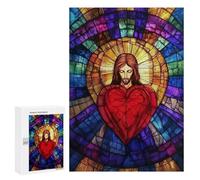 Rompecabezas para Adolescentes 300 PCS Jesus Sacred Heart Stained Glass Rompecabezas para Adolescentes Juguetes Antiestrés Mejora La Memoria 300 PCS