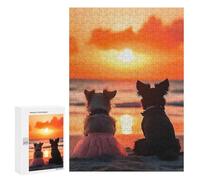 Rompecabezas para Adolescentes 300 PCS Lovely Couple Dogs Watching Sunset on The Beach Rompecabezas para Adultos Juego Práctico Carrera De Velocidad Manual Desafío Educativo 300 PCS