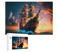 Rompecabezas para Adolescentes 300 PCS Pirate Ship in Flames at Sunset Rompecabezas para Adultos Juego De Ingenio Decoración del Hogar Actividades Divertidas En Casa 300 PCS
