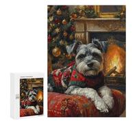 Rompecabezas para Adolescentes 300 PCS Schnauzer in Christmas Sweater by Fireplace Cozy Christmas Dog Art Rompecabezas para Adultos Juegos Relajantes Decoración Perfecta Regalos De Cumpleaños Y Único