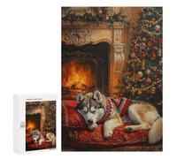 Rompecabezas para Adolescentes 300 PCS Sleeping Husky Dog by Fireplace Christmas Scene Rompecabezas para Adultos Juego Familiar Decoración Desafiante De Completar 300 PCS