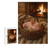 Rompecabezas para Adolescentes 300 PCS Sleeping Piglet in Basket by Fireplace Rompecabezas para Adultos Juegos Relajantes Decoración Actividades Divertidas En Casa 300 PCS