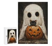Rompecabezas para Adolescentes 300 PCS Spooky Cute Ghost and Black Cat with Pumpkin Rompecabezas para Adultos Juego De Ingenio Decoración del Hogar Regalos para Reducir El Estrés 300 PCS