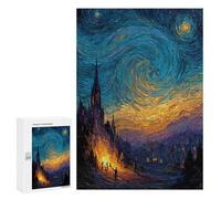 Rompecabezas para Adolescentes 300 PCS Starry Night Inspired Village Painting Rompecabezas Juguetes Antiestrés Corte De Precisión Interacción Entre Padres E Hijos 300 PCS