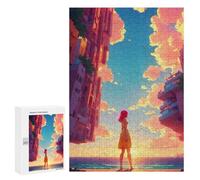 Rompecabezas para Adolescentes 300 PCS Sunset Cityscape with Woman in Yellow Dress Rompecabezas para Adultos Juegos Familiares Análisis Y Lógica Actividades Divertidas En Casa 300 PCS
