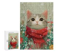 Rompecabezas para Adolescentes 300 PCS Winter Cat with Red Scarf Rompecabezas para Adolescentes, Divertido Y Humorístico para Cumpleaños, Navidad, Regalos De Cumpleaños 300 PCS