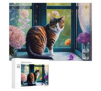 Rompecabezas para adolescentes, 300 piezas de decoración de gato con ventana floral para adultos, juego práctico de carreras de velocidad de mano, desafío educativo, 300 piezas
