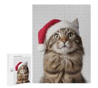 Rompecabezas para Adolescentes 500 PCS American Bobtail Cat with Santa Hat Rompecabezas para Adultos Juguetes Antiestrés para La Diversión Familiar Interacción Entre Padres E Hijos 500 PCS