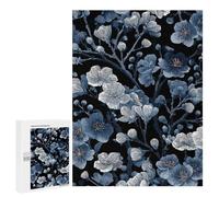 Rompecabezas para Adolescentes 500 PCS Blue and White Floral Pattern on Black Rompecabezas para Adultos Juego De Ingenio Decoración del Hogar Regalos para Reducir El Estrés 500 PCS