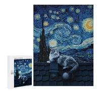 Rompecabezas para Adolescentes 500 PCS Cat on Roof, Starry Night Style Rompecabezas para Adultos Juegos Relajantes Pero Divertidos Y Humorísticos 500 PCS