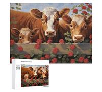 Rompecabezas para Adolescentes 500 PCS Cows Behind A Fence with Red Flowers Rompecabezas para Adultos Juegos Familiares Análisis Y Lógica Actividades Divertidas En Casa 500 PCS
