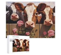 Rompecabezas para Adolescentes 500 PCS Cows Peeking Over Wooden Fence with Pink Flowers Rompecabezas Juguetes Antiestrés Decoración Diversión En Casa Actividades, 500 PCS