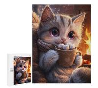 Rompecabezas para Adolescentes 500 PCS Cute Cat with Hot Chocolate Rompecabezas para Adultos Juguetes Antiestrés para La Diversión Familiar Interacción Entre Padres E Hijos 500 PCS