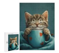 Rompecabezas para Adolescentes 500 PCS Cute Grey Tabby Cat Coffee Rompecabezas para Adultos Juguetes Antiestrés para La Diversión Familiar Interacción Entre Padres E Hijos 500 PCS