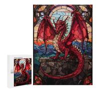 Rompecabezas para Adolescentes 500 PCS Red Dragon Stained Glass Rompecabezas para Adultos Juego Familiar Decoración Desafiante De Completar 500 PCS