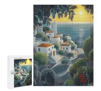 Rompecabezas para Adolescentes 500 PCS Seaside Village at Sunset in Pointillist Style Rompecabezas para Adultos Juegos Relajantes Decoración Actividades Divertidas En Casa 500 PCS