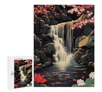Rompecabezas para Adolescentes 500 PCS Waterfall Serenity Cherry Blossoms Lotus Japanese Rompecabezas para Adultos Juegos Relajantes Decoración Actividades Divertidas En Casa 500 PCS