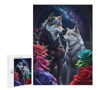 Rompecabezas para Adolescentes 500 PCS Wolf Couple with Flowers Rompecabezas para Adultos Juego De Ingenio Decoración del Hogar Actividades Divertidas En Casa 500 PCS