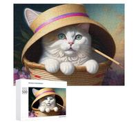 Rompecabezas para adolescentes, 500 piezas de gato en cesta de sombrero de paja para adolescentes, juegos relajantes, regalos para mujeres, actividades divertidas en casa, 500 piezas